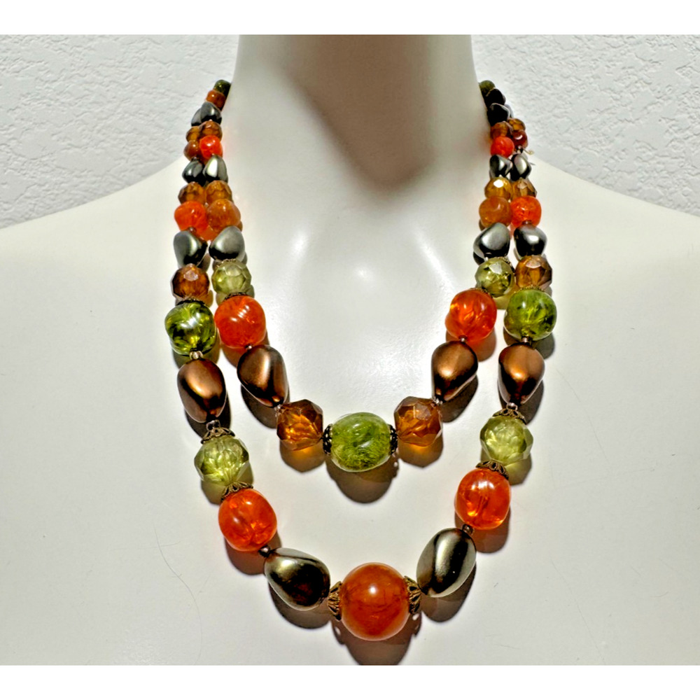 WEST GERMANY Double Strand Amber Orange Green Brown 50s 60s Bead Vtg Necklace